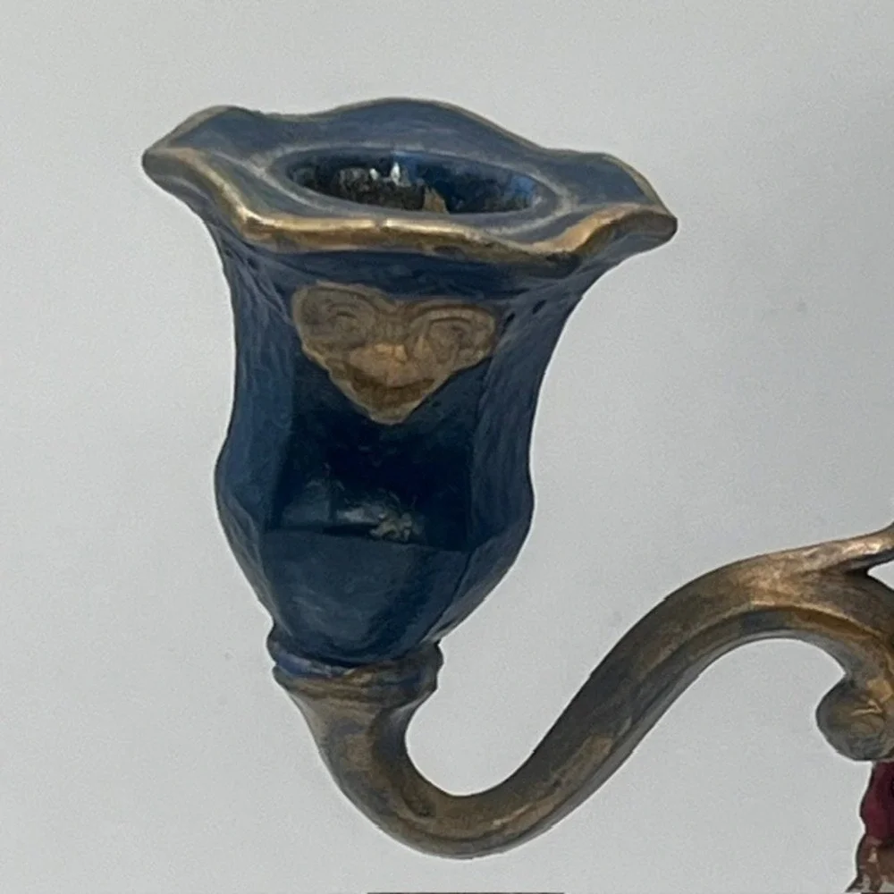 Vintage Nautical Sailing Ship Cast Metal Candelabra 3Arm Candle Holder Blue Gold